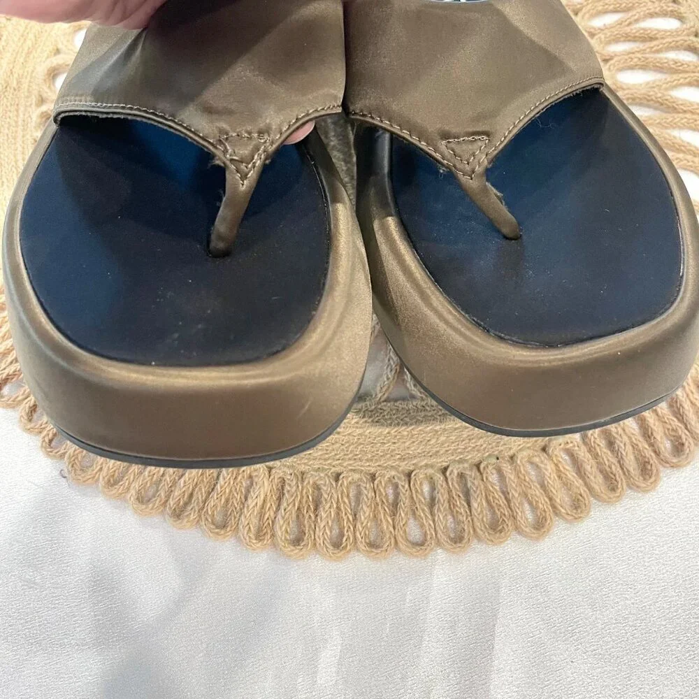 Zara Satin Effect Low Heel Platform Sandals Green Khaki Size EU 36 - Picture 7 of 9